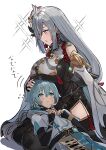  1boy 1girl @_@ aunt_and_nephew blue_eyes blue_hair blush bodysuit breast_rest breasts chongyun_(genshin_impact) genshin_impact grey_hair hair_ornament half-closed_eye hand_on_another&#039;s_head highres lap_pillow large_breasts long_hair lying on_back shenhe_(genshin_impact) sweatdrop tall_female the_olphy white_hair 