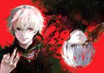  1boy absurdres bangs black_eyes black_nails black_shirt brown_gloves closed_mouth commentary_request eyebrows_visible_through_hair gloves grey_hair hand_up heterochromia highres kaneki_ken kyuuba_melo male_focus mask messy_hair mouth_mask multiple_views nail_polish red_background shirt short_hair smile tokyo_ghoul tokyo_ghoul:re 
