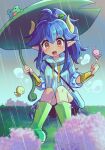  1girl blue_hair blush boots brown_eyes eyebrows_visible_through_hair frog green_footwear highres horns jaan_(puyopuyo) knee_boots long_hair looking_at_viewer open_mouth outdoors pointy_ears ponytail puyopuyo rain rain_boots s2offbeat smile solo 
