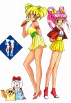  1990s_(style) 2boys arm_behind_back armband arms_behind_back bangs blonde_hair bow choker dog dress eyebrows_visible_through_hair full_body green_eyes hair_bow hair_rings high_heels highres holding holding_microphone idol_densetsu_eriko idol_tenshi_youkoso_youko long_hair medium_hair microphone miniskirt multiple_boys official_art open_mouth pink_footwear pink_hair retro_artstyle short_dress simple_background skirt smile standing strapless strapless_dress tamura_eriko tanaka_youko twintails white_background yellow_skirt 