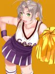  1girl absurdres alternate_costume antenna_hair bangs breasts cheerleader clothes_writing dress eyebrows_visible_through_hair green_eyes grey_hair hand_on_hip highres kantai_collection kinugasa_(kancolle) looking_at_viewer medium_breasts messy_hair ojipon open_mouth orange_background pom_pom_(cheerleading) shoes short_dress short_twintails simple_background sleeveless sleeveless_dress sneakers solo sweat thigh-highs twintails white_legwear 
