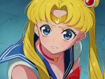  1girl bishoujo_senshi_sailor_moon blonde_hair blue_eyes blue_sailor_collar blush bow bowtie choker clenched_teeth derivative_work diadem double_bun from_side heart heart_choker highres looking_at_viewer meme red_bow red_bowtie red_choker sailor_collar sailor_moon sailor_moon_redraw_challenge_(meme) screencap_redraw shirt solo taiga_(ryukyu-6102-8) teeth tsukino_usagi twintails white_shirt wide-eyed 