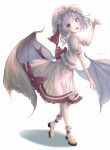  1girl :d bat_wings claw_pose dress full_body hat head_tilt highres looking_at_viewer low_wings mob_cap purple_hair red_eyes remilia_scarlet short_hair simple_background smile solo standing touhou tqg_07 white_background white_dress wings 