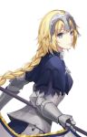  1girl armor armored_dress banner black_ribbon blonde_hair blue_eyes braid eyebrows_visible_through_hair fate/apocrypha fate/grand_order fate_(series) gauntlets highres jeanne_d&#039;arc_(fate) jeanne_d&#039;arc_(fate)_(all) long_hair low-tied_long_hair ponytail purple_legwear ribbon ruler_(fate/apocrypha) sheath sheathed single_braid smile solo standing sword thigh-highs very_long_hair weapon yukibane_ice 