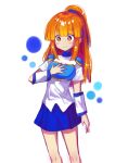  1girl absurdres alternate_hair_length alternate_hairstyle arle_nadja armor bangs blue_skirt blunt_bangs blush breastplate brown_eyes brown_hair closed_mouth eyebrows_visible_through_hair hand_on_own_chest highres long_hair looking_at_viewer ponytail puyopuyo s2offbeat skirt smile solo 