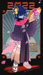  1other 2022 alternate_costume bangs blue_hair blue_skin colored_skin commentary_request crossed_arms deltarune floral_print flower hair_ornament hair_over_eyes hand_fan highres holding holding_fan japanese_clothes kimono kris_(deltarune) long_sleeves obi parted_lips pink_scarf ralsei sash scarf senjochi_janai shaded_face signature simple_background solo susie_(deltarune) tabi v wide_sleeves 