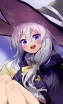  1girl :d absurdres bare_legs blush commentary elaina_(majo_no_tabitabi) eyebrows_visible_through_hair grey_hair hair_between_eyes hat highres long_hair looking_at_viewer majo_no_tabitabi pg_(pege544) smile solo violet_eyes witch_hat 