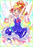  1girl :d arm_up bare_arms bare_legs blue_dress blush bow bowtie brown_hair collarbone dress floating_hair full_body green_eyes hair_bow hat hat_bow high_ponytail highres jumping kyoutsuugengo layered_dress long_hair natsuumi_manatsu pink_bow pink_bowtie precure red_bow sailor_collar sailor_dress side_ponytail sleeveless sleeveless_dress smile socks solo striped striped_bow striped_bowtie tropical-rouge!_precure visor_cap white_legwear white_sailor_collar yellow_bow 