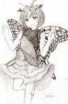  1girl antennae blush butterfly_wings dated dress eternity_larva eyebrows_visible_through_hair fairy foot_out_of_frame graphite_(medium) hair_between_eyes highres leaf leaf_on_head misuriru_(mithril) monochrome multicolored_clothes multicolored_dress one-hour_drawing_challenge open_mouth short_hair short_sleeves single_strap solo touhou traditional_media wings 