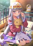  1girl absurdres aurora_sya_lis_kaymin bangs blunt_bangs blurry blurry_background blush bow brush crown depth_of_field dot_nose dress eyebrows_visible_through_hair grey_hair hair_bow hand_up highres holding holding_stuffed_toy long_hair looking_at_viewer maou-jou_de_oyasumi on_bed parted_lips pink_dress purple_bow purple_legwear sitting sleepy socks solo stuffed_animal stuffed_toy taiga_(ryukyu-6102-8) teddy_bear teddy_demon very_long_hair violet_eyes wariza 