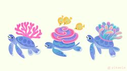  ._. animal animal_focus artist_name black_eyes closed_mouth coral fins fish looking_at_another no_humans original pikaole sea_anemone sea_turtle shell simple_background smile tail_fin turtle watermark white_background 