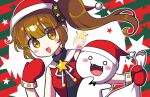  2girls blonde_hair blush brown_eyes brown_hair character_request christmas gloves hat highres long_hair looking_at_viewer multiple_girls open_mouth red_gloves rhythm_tengoku s2offbeat santa_costume santa_hat side_ponytail smile 