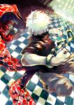  2boys absurdres bangs barefoot black_shirt chain checkered_floor commentary_request from_side grey_pants highres indoors kagune_(tokyo_ghoul) kaneki_ken kyuuba_melo looking_to_the_side looking_up multiple_boys muscular muscular_male omori_yakumo open_mouth pants shiny shiny_clothes shirt short_hair teeth tokyo_ghoul torn_clothes torn_shirt 