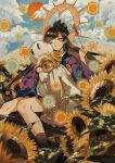  1girl bell blue_sky brown_hair brown_legwear character_request closed_mouth clouds commentary_request day flower hand_fan highres holding holding_fan long_hair long_sleeves one_eye_closed onmyoji outdoors p-suke paper_windmill sitting sky socks solo sunflower teruterubouzu yellow_eyes 