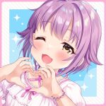  ;3 ;d blush bracelet brown_eyes dress eyebrows_visible_through_hair hair_flaps heart heart_hands highres idolmaster idolmaster_cinderella_girls jewelry koshimizu_sachiko nako_narita one_eye_closed open_mouth puffy_short_sleeves puffy_sleeves purple_hair short_hair short_sleeves smile upper_body white_dress 