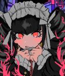  1girl :&lt; bangs black_background black_hair black_nails blue_background blunt_bangs celestia_ludenberg closed_mouth danganronpa:_trigger_happy_havoc danganronpa_(series) drill_hair gothic_lolita highres lolita_fashion long_hair long_sleeves looking_at_viewer maid_headdress momae_makku multicolored_background nail_polish necktie pink_background portrait red_eyes red_necktie sketch twin_drills twintails 