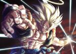  1boy absurdres blonde_hair blue_sash clenched_hand closed_mouth commentary_request dragon_ball dragon_ball_z feet_out_of_frame fighting_stance fingernails foreshortening gogeta green_eyes highres incoming_attack incoming_punch light_rays male_focus metamoran_vest mocky_art muscular muscular_male pectorals punching sash serious solo sparkle spiky_hair super_saiyan super_saiyan_1 upper_body veiny_arms 