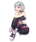  1girl absurdres bare_arms bare_shoulders black_pants bob_cut closed_mouth colored_inner_hair grey_hair highres looking_at_viewer multicolored_hair original pants pink_hair shoes simple_background sitting solo taiga_(ryukyu-6102-8) white_background white_footwear 