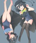  2girls absurdres bare_arms bare_legs bare_shoulders barefoot bird_girl bird_tail bird_wings black_cape black_hair black_headwear black_legwear blue_eyes blue_hair blue_swimsuit blush bow bowtie cabbie_hat cape claw_pose commentary_request fang hasu_(zatsugami) hat head_wings highres kemono_friends multicolored_hair multiple_girls no_shoes one-piece_swimsuit open_mouth school_swimsuit short_hair sleeveless streaked_hair superb_bird-of-paradise_(kemono_friends) swimsuit tail thigh-highs western_parotia_(kemono_friends) wings yellow_bow yellow_bowtie zettai_ryouiki 