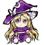  1girl bangs blonde_hair blush bow braid buttons chibi commentary crescent crescent_hat_ornament dress eyebrows_visible_through_hair full_body fumo_(doll) hair_between_eyes hat hat_ornament highres kirisame_marisa kirisame_marisa_(pc-98) lis long_hair looking_at_viewer purple_bow purple_dress purple_headwear purple_skirt ribbon short_sleeves simple_background sitting skirt smile solo tokiame_(style) touhou twin_braids v-shaped_eyebrows very_long_hair violet_eyes white_background white_bow white_footwear white_ribbon witch_hat 