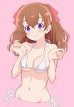  1girl bikini breasts brown_hair closed_mouth collarbone commentary_request copyright_request eyebrows_visible_through_hair highres kazuma_muramasa looking_at_viewer medium_breasts navel pink_background red_ribbon ribbon short_hair side-tie_bikini smile solo stomach swimsuit violet_eyes white_bikini 