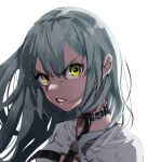  1girl belt_collar collar copyright_request earrings glaring grey_hair highres jewelry looking_at_viewer scowl shirt simple_background solo taiga_(ryukyu-6102-8) upper_body v-shaped_eyebrows white_background white_shirt yellow_eyes 