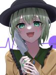  1girl :d black_headwear brown_shirt cardiogram collared_shirt commentary_request eringi_(rmrafrn) frilled_shirt_collar frilled_sleeves frills green_eyes green_hair green_nails highres holding holding_knife knife komeiji_koishi long_sleeves looking_at_viewer nail_polish own_hands_together shirt simple_background sleeves_past_wrists smile solo touhou upper_body white_background 