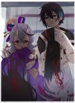  1boy 1girl black_hair blood blood_on_face blood_splatter blue_eyes blue_hair character_request closed_mouth earrings gradient_horns grey_hair hair_ribbon highres horns japanese_clothes jewelry kimono long_sleeves multicolored_hair multicolored_horns nijisanji oni_horns parted_lips purple_kimono ribbon smile taiga_(ryukyu-6102-8) two-tone_hair violet_eyes 