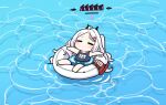  1girl afloat ahoge bangs blue_archive blue_swimsuit blush chibi closed_eyes closed_mouth demon_horns from_above hair_ornament hairclip halo hina_(blue_archive) horns innertube junsuina_fujunbutsu long_hair lying name_tag old_school_swimsuit one-piece_swimsuit parted_bangs partially_submerged school_swimsuit solo swimming swimsuit very_long_hair water whistle whistle_around_neck white_hair 