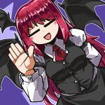  1girl amerika_zarigani ascot bangs black_skirt black_vest blush breasts buttons closed_eyes collared_shirt commentary_request cookie_(touhou) cowboy_shot demon_girl demon_wings eyebrows_visible_through_hair head_wings highres koakuma kochiko_(cookie) long_hair long_sleeves medium_breasts open_mouth purple_background red_ascot redhead shirt skirt smile solo touhou vest white_shirt wings 