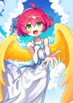  1girl absurdres blue_bow blush bow day dress eyebrows_visible_through_hair green_eyes harpy_(puyopuyo) highres looking_at_viewer open_mouth outdoors pink_hair puyopuyo s2offbeat short_hair smile solo white_dress wings 
