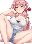 1girl absurdres akashi_(kancolle) blue_shorts blush breasts collarbone eyebrows_visible_through_hair feet_out_of_frame green_eyes hair_between_eyes hair_ribbon highres holding holding_wrench kantai_collection kiritto large_breasts long_hair open_mouth pink_hair red_ribbon ribbon shorts simple_background solo tress_ribbon white_background wrench 