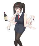  1girl :d absurdres arthropod_girl bangs bare_shoulders bartender black_hair black_legwear blush bottle breasts cherry clenched_hand cocktail_glass cup drinking_glass extra_arms fang food fruit highres looking_at_viewer monster_girl necktie original pencil_skirt shot_glass simple_background skirt sleeveless smile solo spider_girl twintails urrrt vest white_background wrist_cuffs 
