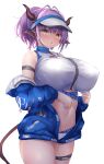  1girl :o animal_ears antenna_hair arknights arm_strap bare_shoulders blue_jacket blush breasts cow_ears cow_girl cow_horns cow_tail highres horns huge_breasts jacket long_sleeves looking_at_viewer navel off_shoulder official_alternate_costume open_clothes open_shirt orange_eyes parted_lips purple_hair short_hair short_ponytail sideroca_(arknights) sideroca_(light_breeze)_(arknights) simple_background solo stomach tail thigh_strap visor_cap white_background white_headwear yuuki_shuri 