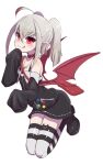  1girl ahoge badge bag bare_shoulders black_footwear blush collar demon_wings dress fang full_body grin highres horn_band_legwear konboi-eg long_sleeves looking_at_viewer loose_clothes makaino_ririmu nijisanji no_horn pointy_ears red_eyes red_wings shoes silver_hair sleeves_past_fingers sleeves_past_wrists smile solo thigh-highs two_side_up virtual_youtuber white_background wings zettai_ryouiki 