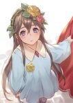  1girl bangs blue_eyes blush brick_floor brown_hair child flower granblue_fantasy hair_flower hair_ornament holding kakage long_hair looking_at_viewer looking_up open_mouth rose rosetta_(granblue_fantasy) solo standing stick younger 