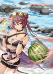  1girl absurdres animal_ears arknights auguste bangs bare_shoulders bikini black_bikini black_choker black_shorts breasts choker commentary_request cowboy_shot cup drinking_glass eyebrows_visible_through_hair eyewear_on_head food fruit hands_up highres holding holding_cup lime_(fruit) lime_slice lin_yuhsia_(arknights) long_hair looking_at_viewer medium_breasts mouse_ears outdoors purple_hair rock short_shorts shorts single_strap solo standing stomach sunglasses swimsuit violet_eyes water watermelon 