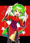  1girl absurdres black_pants blush breasts china_dress chinese_clothes detached_sleeves draco_centauros dragon_girl dragon_horns dragon_tail dragon_wings dress eyebrows_visible_through_hair fang green_hair highres horns large_breasts looking_at_viewer pants pointy_ears puyopuyo red_dress s2offbeat short_hair smile solo tail wings yellow_eyes 