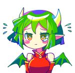  1girl breasts brown_eyes chibi china_dress chinese_clothes close-up detached_sleeves draco_centauros dragon_girl dragon_horns dragon_wings dress eyebrows_visible_through_hair green_hair highres horns large_breasts looking_at_viewer pointy_ears puyopuyo red_dress s2offbeat short_hair solo upper_body wings 
