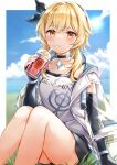  1girl bangs blonde_hair blue_sky blush border breasts clothes_writing clouds commentary contemporary copyright_name cup day disposable_cup drinking_straw eyebrows_visible_through_hair fingerless_gloves genshin_impact gloves grass highres holding holding_cup knees_up large_breasts looking_at_viewer lumine_(genshin_impact) medium_hair outdoors revision see-through_sleeves sidelocks sitting sky solo sweat thighs white_border yellow_eyes yumesaki 