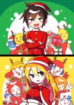  6+boys 6+girls absurdres black_eyes blonde_hair blue_eyes blush brown_hair character_request christmas eyebrows_visible_through_hair fang hat highres long_hair looking_at_viewer multiple_boys multiple_girls open_mouth red_headwear rhythm_tengoku s2offbeat santa_costume santa_hat smile 