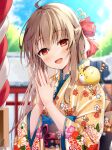  1girl :d ahoge animal animal_on_shoulder bangs blurry blurry_background blush bow brown_hair brown_kimono chibi chinese_zodiac day depth_of_field eyebrows_visible_through_hair floral_print hair_between_eyes hair_bow head_tilt japanese_clothes kimono long_hair long_sleeves looking_at_viewer obi omuretsu original outdoors palms_together print_kimono red_bow red_eyes sash signature smile snow solo tiger upper_body wide_sleeves year_of_the_tiger 
