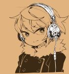  1girl androgynous character_request closed_mouth fur_trim gender_request greyscale headphones jacket looking_at_viewer monochrome mota original short_hair simple_background skullcandy solo 