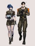  1boy 1girl adjusting_clothes adjusting_gloves belt black_hair blue_eyes blue_hair book boots breasts collarbone collared_shirt earrings eyepatch father_and_daughter gloves green_shorts heidern highres jewelry leona_heidern military military_uniform pocket ponytail shirt shorts sparkle suspenders syachiiro the_king_of_fighters triangle_earrings uniform walking 