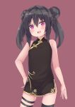  1girl :d amano_kouki bare_arms bare_shoulders black_dress black_hair black_legwear blush brown_background china_dress chinese_clothes commentary_request double_bun dress hand_on_hip highres long_hair looking_at_viewer note-chan original simple_background single_thighhigh sleeveless sleeveless_dress smile solo thigh-highs thigh_strap twintails violet_eyes 