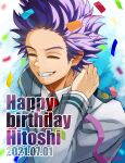  1boy bags_under_eyes bangs birthday boku_no_hero_academia character_name closed_eyes confetti dated english_text foreground_text forehead from_above hand_on_own_neck happy_birthday highres male_focus messy_hair purple_hair school_uniform shinsou_hitoshi short_hair smile solo spiky_hair teeth text_focus tonbanlove twitter_username u.a._school_uniform upper_body violet_eyes 