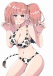  1girl alternate_costume anchor_hair_ornament animal_print atlanta_(kancolle) bikini black_nails breasts brown_hair cow_print cow_tail cowboy_shot earrings fake_tail grey_eyes hair_ornament highres jewelry kantai_collection large_breasts long_hair navel otobi print_bikini simple_background single_earring solo standing star_(symbol) star_earrings swimsuit tail two_side_up white_background white_nails 