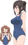  2girls absurdres arms_behind_back black_hair blue_swimsuit breast_envy breasts brown_eyes brown_hair commentary covered_navel cowboy_shot flat_chest grey_background hair_bun hands_on_own_chest highres ichijou_hotaru koshigaya_komari large_breasts long_hair multiple_girls non_non_biyori o_o poa_mellhen school_swimsuit short_hair simple_background solo_focus swimsuit upper_body 