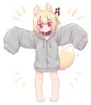  1girl animal_ear_fluff bangs barefoot blonde_hair closed_mouth collar commentary_request drawstring eyebrows_visible_through_hair fox_girl fox_tail full_body grey_jacket hair_between_eyes hair_bun hair_ornament highres hood hood_down hooded_jacket jacket kemomimi-chan_(naga_u) long_sleeves looking_at_viewer motion_lines naga_u notice_lines original outstretched_arms red_collar red_eyes simple_background sleeves_past_fingers sleeves_past_wrists solo spread_arms standing tail white_background 
