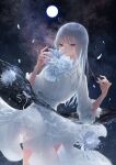  1girl absurdres covered_mouth dress epiphyllum flower grey_eyes highres looking_at_viewer moon night night_sky nyaon_oekaki original pale_skin silver_hair sky star_(sky) starry_sky white_dress white_hair 